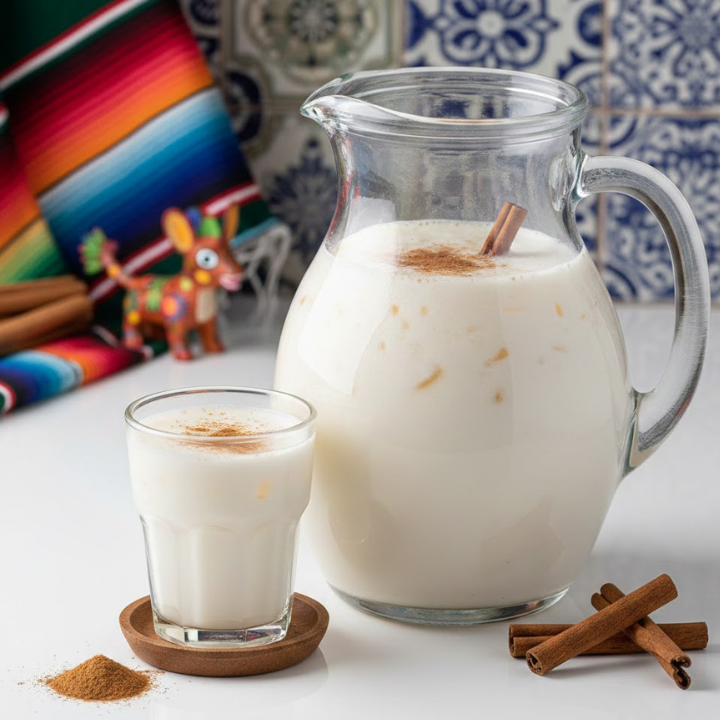 Jarra y vaso de Agua de Horchata Mexicana cremosa con canela en polvo y en trozos, sobre una superficie blanca y fondo que hace referencia a una cocina mexicana